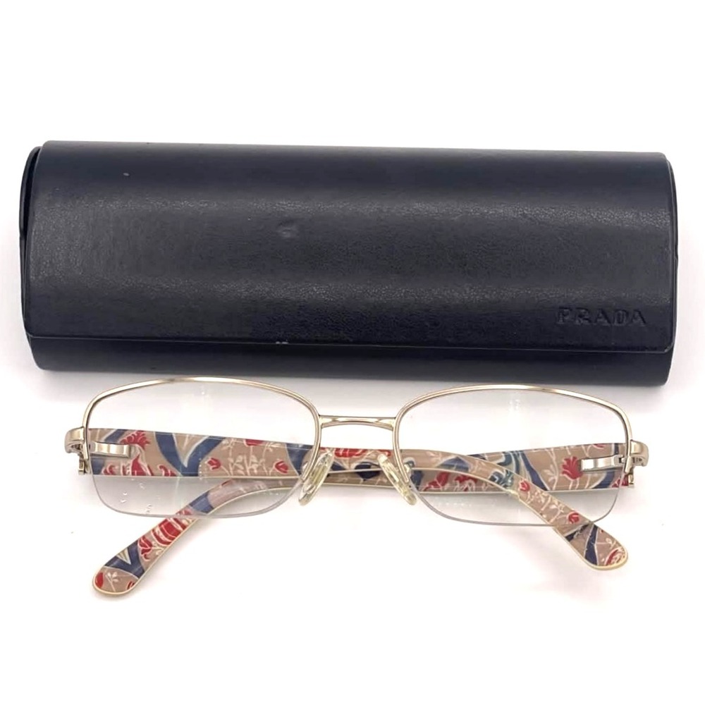 Prada Gold Half Rim Rectangular Glasses Floral Temples  VPR52N 53 18 135 w/case
